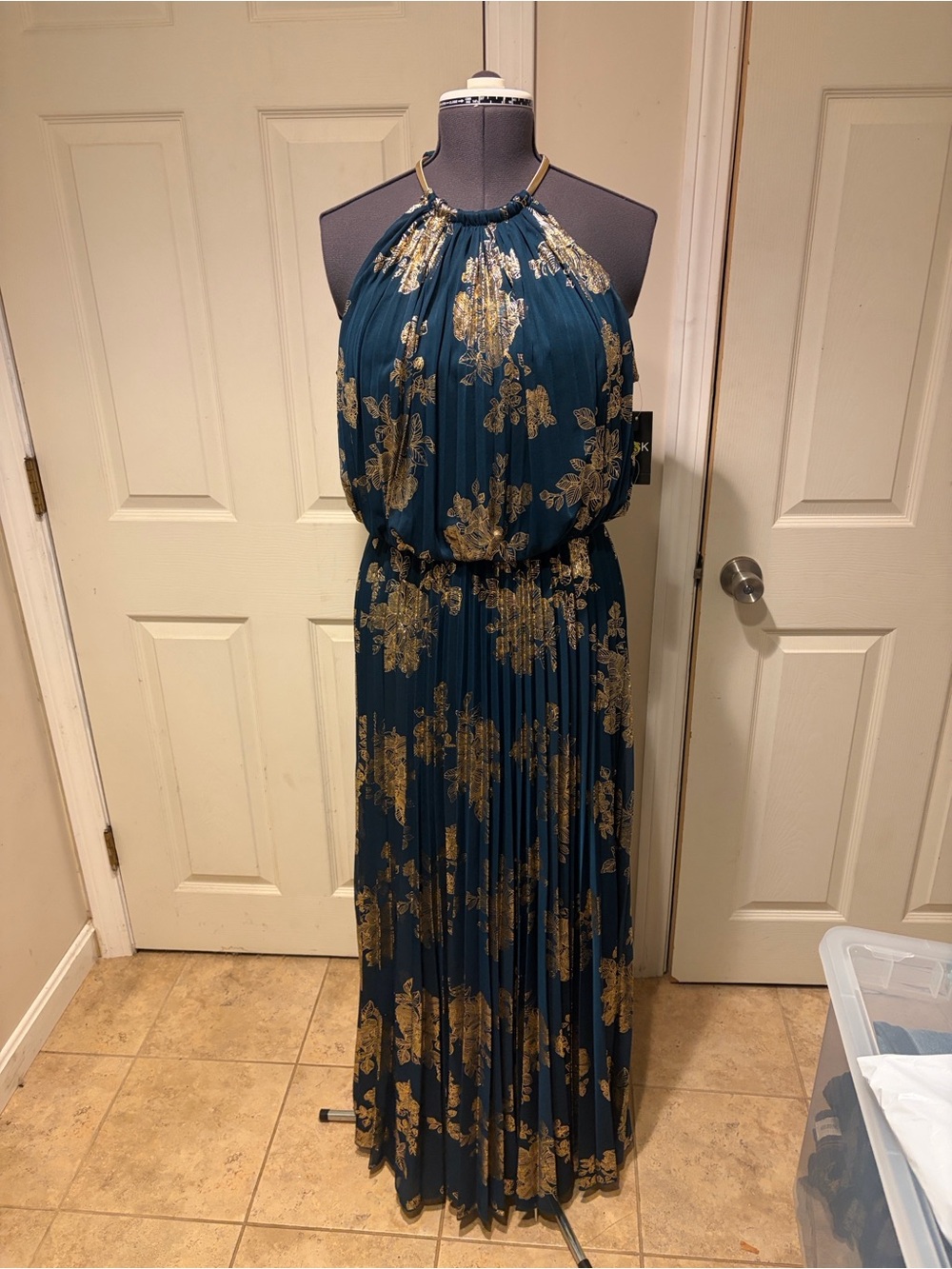 MSK Metallic-Print Pleated Blouson Gown in Teal and Gold 14